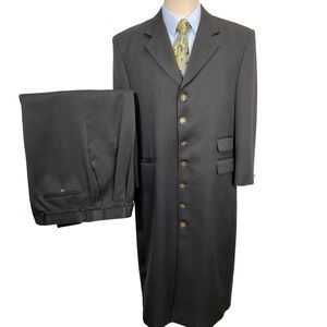 Alberto Celini‎ Bespoke Suit Mens 44R Black Embossed Pinstripe Long Goth Formal